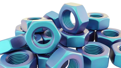 Pile of Hexagonal Nuts with Iridescent Blue and Purple Finish