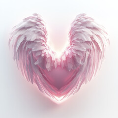 Soft glowing pink heart shape formed by delicate angel wings with detailed feathers, creating gentle and ethereal feeling of love and protection