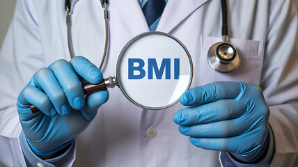 Doctor's hands in blue gloves hold magnifying glass over the letters BMI, symbolizing health assessment and medical examination.