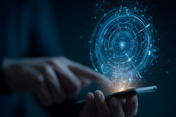 Person using a smartphone to interact with a glowing holographic display in a dark room