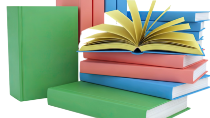 Stack of colorful books with an open book at the top