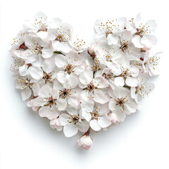 Heart shaped arrangement of delicate white cherry blossoms with soft petals and yellow stamens on clean white background, evoking romantic and gentle feeling