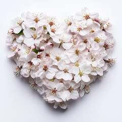 Heart shaped arrangement of delicate white cherry blossoms with soft pink centers and green leaves on clean white background, evoking romance and springtime beauty