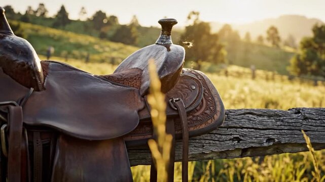 A beautifully crafted, intricately tooled leather Western saddle rests upon a weathered wooden fence in the gentle glow of golden hour. The rich, brown leather and its detailed patterns are illuminate