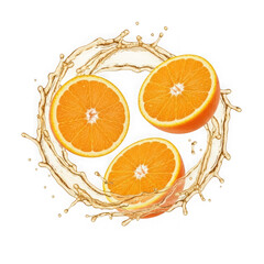 Fresh orange slices with citrus juice splash isolated on transparent background