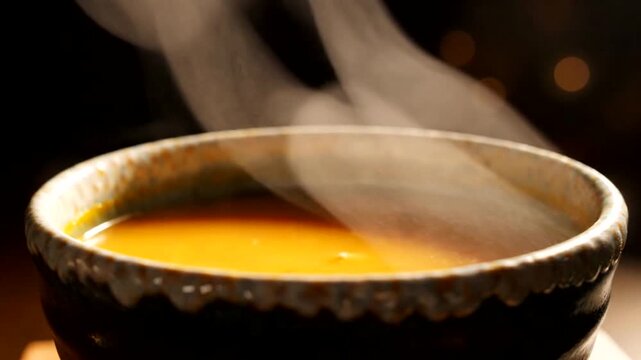 Steaming Bowl of Miso Soup Closeup.