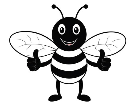 Cartoon bee giving two thumbs up, black and white