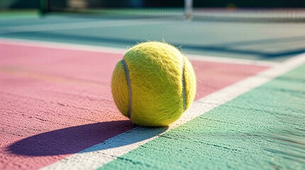 Yellow tennis ball rests on vibrant court, sunlit, shadows cast, vivid colors.