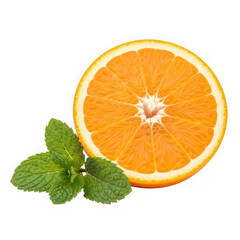 Fresh orange slice with mint leaves on white isolated on transparent background