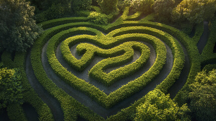 Heart shaped garden hedge maze viewed from above with lush green foliage and sunlight creating peaceful and romantic atmosphere in outdoor landscape