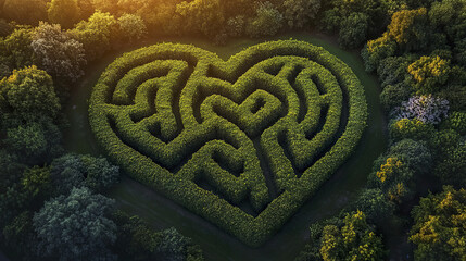 Heart shaped garden hedge maze viewed from above surrounded by lush green trees in warm sunlight creating peaceful and inviting atmosphere