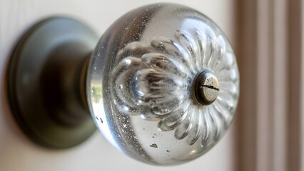 Close-up vintage glass doorknob with floral etching and brass hardware