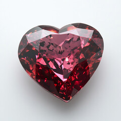 Heart shaped gemstone with dazzling deep red reflections and intricate facets sparkling beautifully on white background, showcasing elegance and luxury
