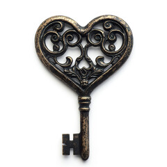 Vintage heart shaped key with intricate scrollwork and floral engravings, made of aged metal, isolated on white background, evoking sense of nostalgia and romance