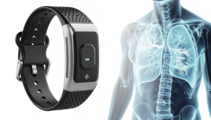 Closeup of a sleek cough monitoring wristband paired with a transparent Xray icon highlighting innovative sensor use in chronic cough and chest imaging diagnostics.