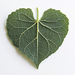 Heart shaped green leaf with detailed visible veins and natural texture isolated on white background, showing intricate vein patterns and organic structure