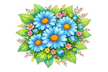 Watercolor blue daisy floral bouquet illustration with green leaves and pink blossoms on transparent background