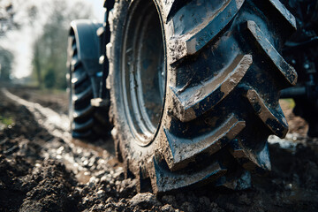 Fototapeta premium Tractor tire tracks show mud near a farm field on a sunny day in early spring