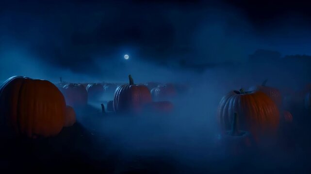 Foggy Pumpkin Patch at Midnight