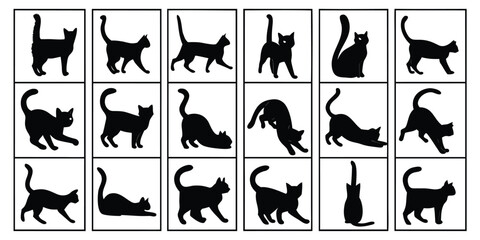 Obraz premium Collection of Eighteen Black Cat Silhouettes in a Grid Displaying Various Feline Poses