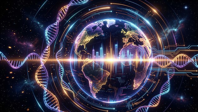 DNA strands orbit Earth, glowing circuits connect cities in cosmic digital realm. - Powered by Adobe
