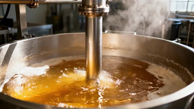 Medium shot of a vertical steamjacketed kettle gently melting animal fat into golden clear tallow showcasing industrial food processing in a clean factory setting.