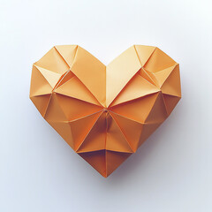 Origami heart made from orange paper with clean folds and sharp edges, symbolizing creativity and love in minimalist style on white background