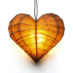 Glowing heart shaped paper lantern hanging with warm orange light illuminating its textured surface, creating cozy and romantic atmosphere in night