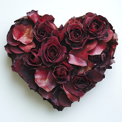Heart shaped arrangement of deep red rose petals and blooms creating lush romantic floral design with rich textures and elegant beauty on white background