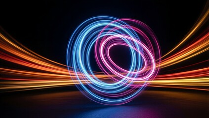 Vibrant neon swirls dance in darkness, streaked by golden light trails.
