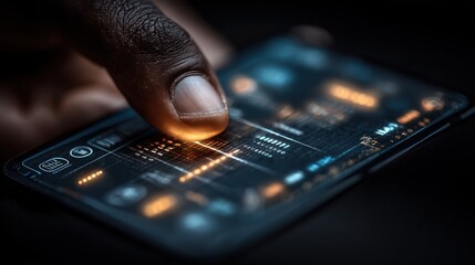 Fingertip interacting with futuristic holographic digital interface data visualization glowing