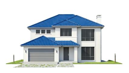 Modern Two-Story House with Blue Tiled Roof and Garage