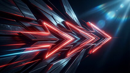 Neon red arrows glow in dark space, futuristic metallic design with vibrant light trails and lens flares.