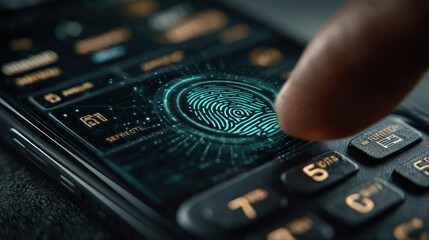Digital fingerprint scan on a modern smartphone screen for security and authentication purposes