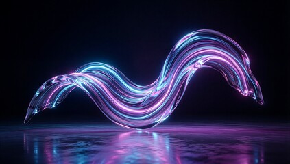 Neon wave of blue and purple light flows gracefully on reflective dark surface.