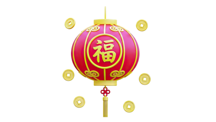 Red Chinese Lantern with Fu Character and Coins