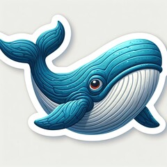 Blue whale with white striped belly, flowing tail, elegant curves, sticker design on light background with white border