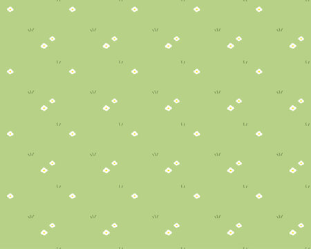 絵本やアニメの草原をイメージした、草花柄のシームレスパターン　草と白い花柄模様のかわいい背景画像ベクターイラスト