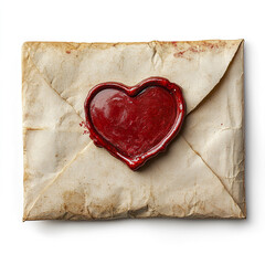 Vintage aged envelope sealed with red heart shaped wax seal, symbolizing love and romance, with textured, worn paper surface and nostalgic feel