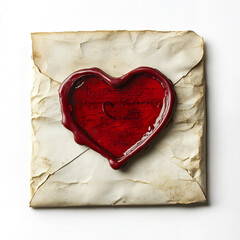 Vintage love letter sealed with red heart shaped wax seal on aged, crumpled envelope, evoking romantic and nostalgic emotions from past