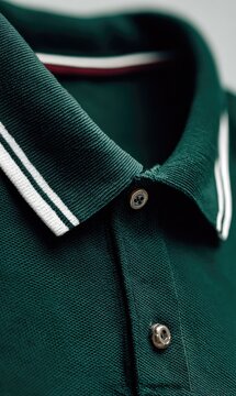 A close-up view presents a green shirt's collar, displaying white stripes and button details, emphasizing texture and color
