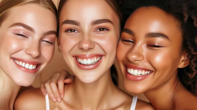 Close-up video frame of three smiling women with glowing skin, shot from a front angle, highlighting joy and friendship in natural light.