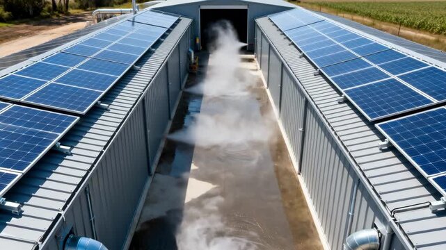 Medium shot of a hybrid drying tunnel integrating solar roof collectors during variable weather preheating airflow effectively for sustainable drying performance.