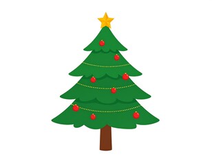 Fototapeta premium Cartoon Christmas tree, decorated with ornaments and a golden star
