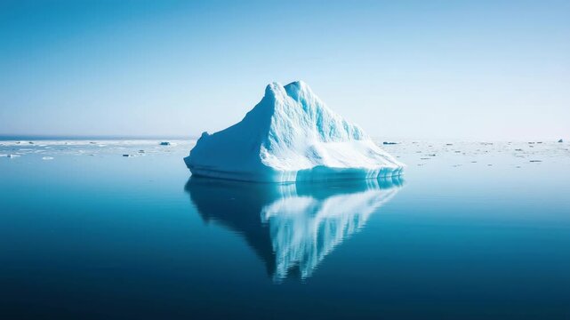 A serene video scene of a lone iceberg reflecting on calm waters, captured from a low-angle perspective, highlighting its majestic presence. Live desktop wallpaper.