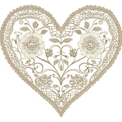 Delicate lace heart pattern with intricate floral details and elegant leaves, showcasing vintage craftsmanship in soft beige tone, perfect for romantic and decorative designs