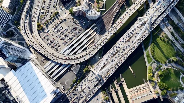 Aerial view of Boston skyline with Zakim Bridge, highways, Charles River and downtown cityscape on sunny day. g.