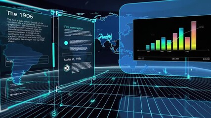 The screenshot presents a futuristic interface showcasing a digital display with a colorful bar graph. On the left, information about the year 1906 is shown, accompanied by a world map. The blue tones - Powered by Adobe