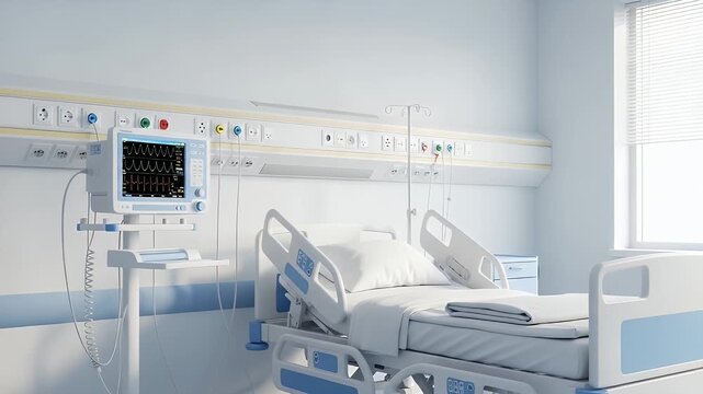 A serene and modern hospital room with a clean, empty bed and advanced medical equipment, ready for patient care.