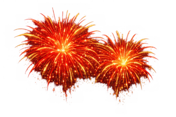 Explosions of vibrant red fireworks bursting with sparkling golden light, celebrating new year's eve on transparent background